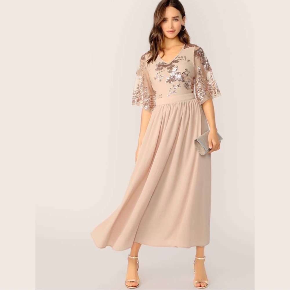 SHEIN V-Neck Contrast Sequin Mesh Sleeve Dress